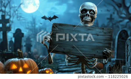 Happy skeleton holds old blank wooden sign at night, dead person and jack pumpkins at graveyard on Halloween. Theme of ads, horror, mockup, board, grave, party. 118225026