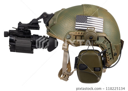 Night vision monocular on army helmet. 118225134