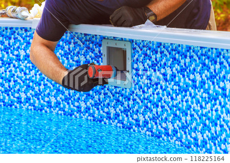 Cleaning of water surface pool with skimmer basket that is mounted to frame collects dirt trash with filtration system for pool maintenance 118225164