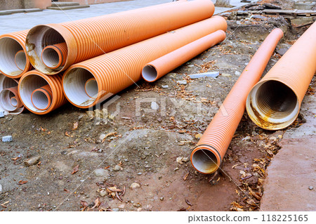 In preparation for installation, HDPE polyethylene sewer pipes are ready to form backbone of new infrastructure project 118225165