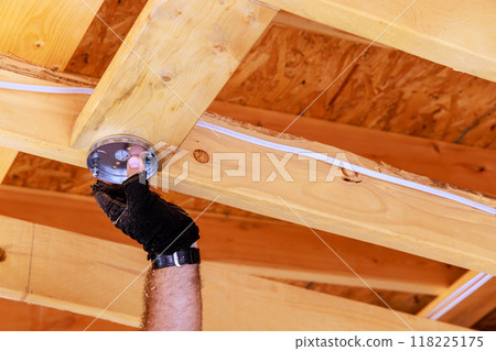 Installing wiring in ceiling light lamp electrical box is responsibility of an electrician 118225175