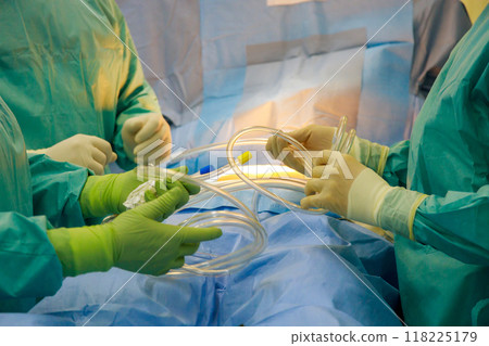 Preparation of patient for surgery on operating table in an operating room of hospital 118225179
