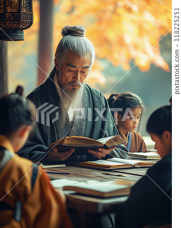 Ancient Scholar Teaching Students Outdoors 118225251