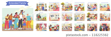 Big intergenerational family set. Grandparents, mother, father and kids together. Extended family events and routine daily life. Character spending time together. Flat vector illustration 118225382