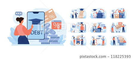 Student debt set. Young graduated character with a financial crisis. Expencive education loan. Payment problem after a graduation. Flat vector illustration Student debt set. Young graduated character with a financial crisis. Expencive education loan. Payment problem after a graduation. Flat vector illustration 118225393