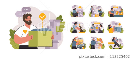 Charity set. Volunteers community take care of people in need. Idea of care and humanity. Humanitarian aid and donations for poor people support. Flat vector illustration 118225402