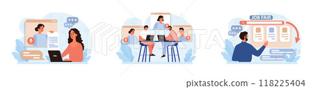 Virtual events set. Online education, conference, exhibition, friends meeting, business video call. Communication through the Internet. Flat vector illustration Virtual events set. Online education, conference, exhibition, friends meeting, business video call. Communication through the Internet. Flat vector illustration 118225404