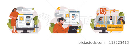 Telemedicine set. Online consultation with a doctor. Remote medical treatment by videocalling on a device. Medical worker video chat. Flat vector illustration 118225413