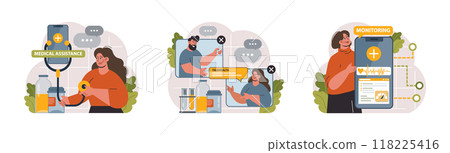 Telemedicine set. Online consultation with a doctor. Remote medical treatment by videocalling on a device. Medical worker video chat. Flat vector illustration Telemedicine set. Online consultation with a doctor. Remote medical treatment by videocalling on a device. Medical worker video chat. Flat vector illustration 118225416