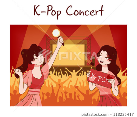 K-pop concert. Korean girls standing by stage. Character singing songs, holding microphones. Live music performance in club. Flat vector illustration 118225417