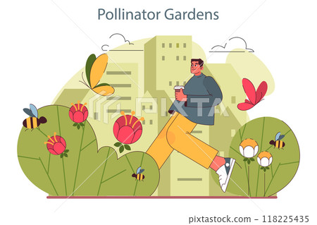 Pollinator garden. Summer countryside plants and meadow flowers for pollination. Honey bees, wasps and bumblebees pollinating flora. Beekeeping environment. Flat vector illustration 118225435