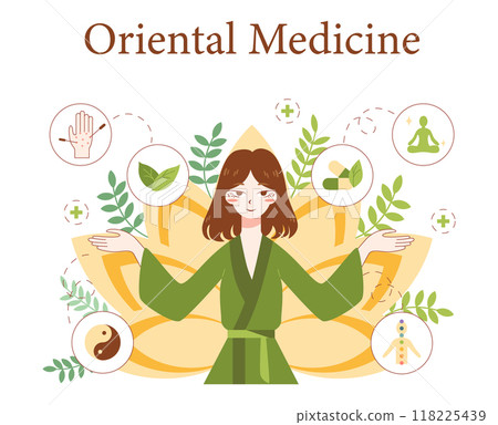 Asian medicine. Alternative traditional healthcare and treatment. Oriental clinic specialists providing body and mind therapy. Flat vector illustration 118225439