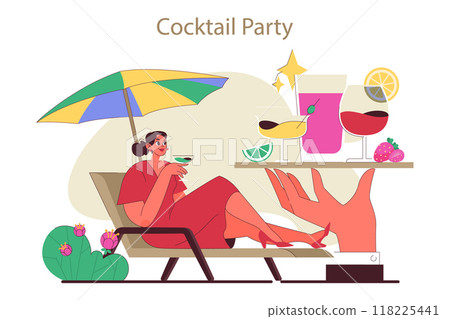 Cocktail party. Beautiful girl holding a glass of alcohol at celebratory event. Summer vacation relaxation. Woman lying on a deck chair. Flat vector illustration 118225441