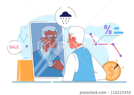 Senior unemployment. Elderly character missing his job after retirement. Old man with money shortage problem. Upset mature male employee frustrated with job dismissal. Flat vector illustration Senior unemployment. Elderly character missing his job after retirement. Old man with money shortage problem. Upset mature male employee frustrated with job dismissal. Flat vector illustration 118225450