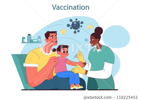 Children healthcare. Parent with kids visiting pediatrician doctor or healthcare specialist. Father holding an infant baby, getting a vaccine. Flat vector illustration Children healthcare. Parent with kids visiting pediatrician doctor or healthcare specialist. Father holding an infant baby, getting a vaccine. Flat vector illustration 118225452