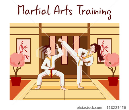 Asian people doing sport. Karate exercising. Chinese practise or martial art. Female and male characters in traditional clothes. Sportsmen training. Flat vector illustration 118225456