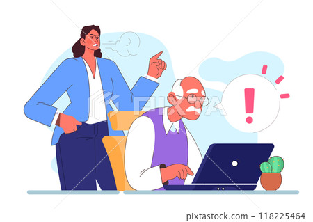 Female boss scolding an elderly employee. Coworker shouting at senior office worker. Rebuke to old person at the office. Flat vector illustration Female boss scolding an elderly employee. Coworker shouting at senior office worker. Rebuke to old person at the office. Flat vector illustration 118225464