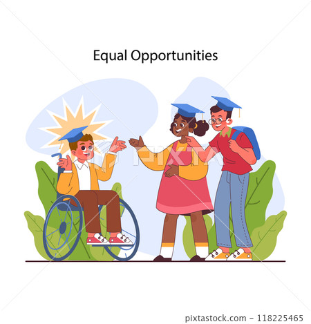 Inclusive education. Equal educational opportunities and accessible environment for disabled kids. Cognitive, physical and emotional development. Flat vector illustration Inclusive education. Equal educational opportunities and accessible environment for disabled kids. Cognitive, physical and emotional development. Flat vector illustration 118225465