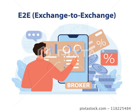 E2E E-commerce model. Integration between of digitaal computer systems. Stock brokerage firms' internal systems and systems of a stock market in which the broker trades. Flat vector illustration 118225484