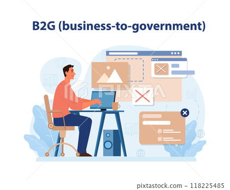 E-store and e-commerce. B2G or Business to Government marketing model. Company selling goods, services and information to government or government agency. Flat vector illustration 118225485