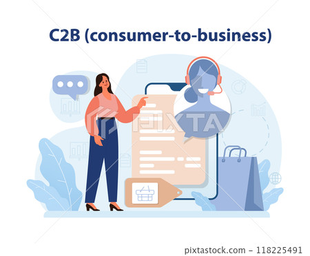 E-store and e-commerce business model. C2B, consumer to business. Customer can offer products and services to a company. Flat vector illustration E-store and e-commerce business model. C2B, consumer to business. Customer can offer products and services to a company. Flat vector illustration 118225491