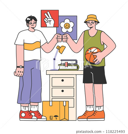 College roommates. Student living and hanging out together at uni dormitory or student apartment. Teens or young adult friends. Flat vector illustration College roommates. Student living and hanging out together at uni dormitory or student apartment. Teens or young adult friends. Flat vector illustration 118225493