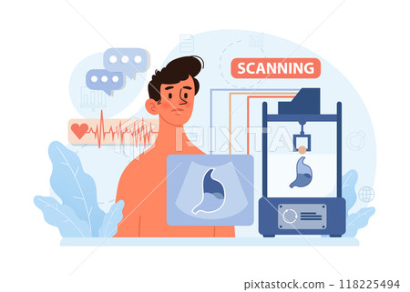 Healthtech. Innovative diagnosis and treatment methodics. Telemedicine, health monitoring, laboratory research. Modern technologies for disease prevention and treatment. Flat vector illustration 118225494