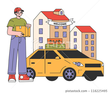College student packing stuff and moving into dormitory or student apartment. Young character holding a cardboard with belongings, moving to uni. Flat vector illustration College student packing stuff and moving into dormitory or student apartment. Young character holding a cardboard with belongings, moving to uni. Flat vector illustration 118225495