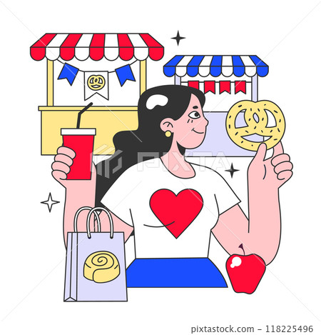 Street market on summer fair. Character enjoy food from the street market. Food sale counters, local bakery and fruits stands. Flat vector illustration 118225496
