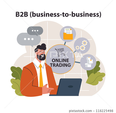 E-store and e-commerce business model. B2B, business to business collaboration. Company as a customer, suppliers partnership. Flat vector illustration E-store and e-commerce business model. B2B, business to business collaboration. Company as a customer, suppliers partnership. Flat vector illustration 118225498