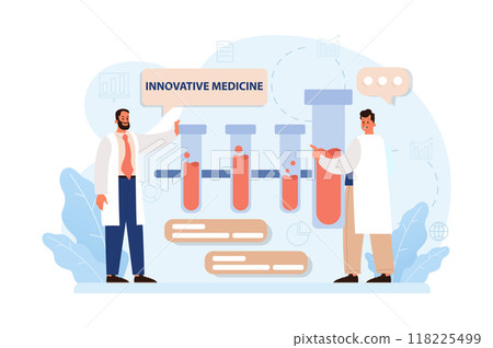 Healthtech. Innovative diagnosis and treatment methodics. Telemedicine, health monitoring, laboratory research. Modern technologies for disease prevention and treatment. Flat vector illustration Healthtech. Innovative diagnosis and treatment methodics. Telemedicine, health monitoring, laboratory research. Modern technologies for disease prevention and treatment. Flat vector illustration 118225499