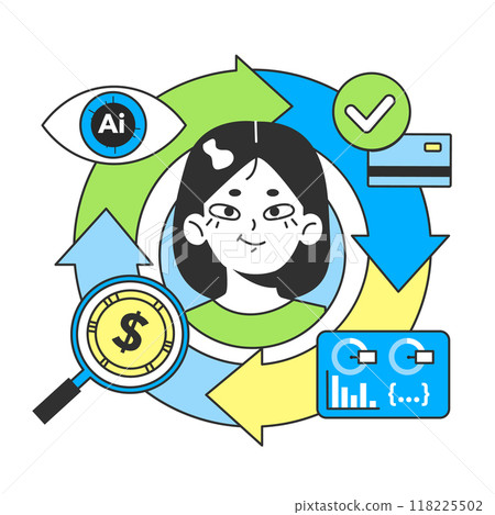 Banking industry automatization with artificial intelligence. Fintech development. Financial services neural network assistance. Digital economy, transaction and investment. Flat vector illustration 118225502