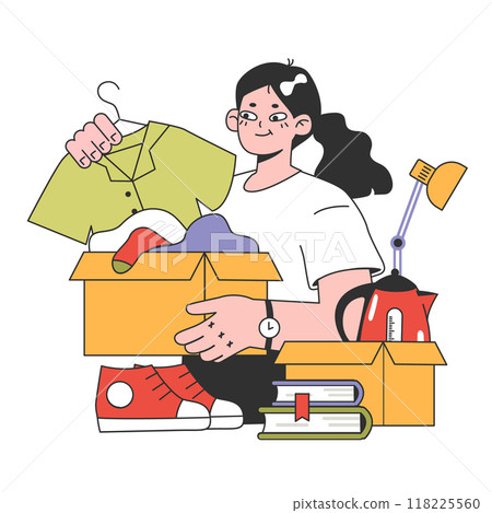College student packing stuff and moving into dormitory or student apartment. Young character holding a cardboard with belongings, moving to uni. Flat vector illustration College student packing stuff and moving into dormitory or student apartment. Young character holding a cardboard with belongings, moving to uni. Flat vector illustration 118225560