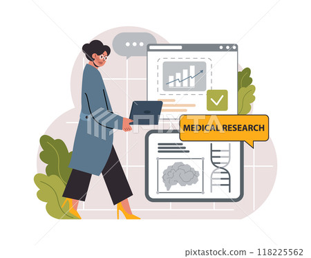 Healthtech. Innovative diagnosis and treatment methodics. Telemedicine, health monitoring, laboratory research. Modern technologies for disease prevention and treatment. Flat vector illustration 118225562