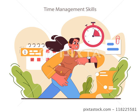 Time management skill. Character with self-discipline. Planning and checking task, appointment or assignment planning. Organization for performance efficiency. Flat vector illustration Time management skill. Character with self-discipline. Planning and checking task, appointment or assignment planning. Organization for performance efficiency. Flat vector illustration 118225581