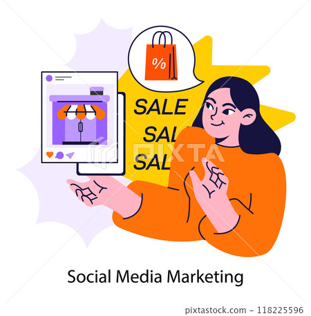 Social media marketing, SMM. Business using social media for digital promotion. Brand advertisement campaign and public relations. Flat vector illustration 118225596