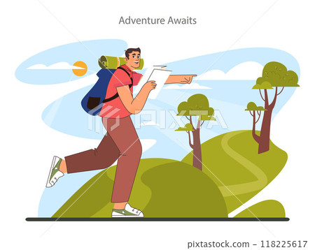 Solo travel. Character traveling alone with a back pack. Outdoor relaxation, vacation activity. Adventurous lifestyle, traveler exploring nature. Flat vector illustration 118225617