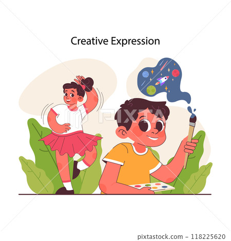 Child creative expression. Cognitive and emotional skills. Positive parenting. Formation of kid's creativity and artistic personality. Parents support and care. Flat vector illustration 118225620