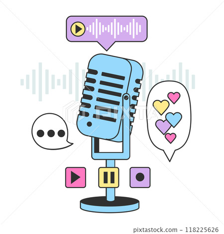 Microphone. Podcast, broadcast or music record technology. Recording of audio online show. Mass media broadcasting. Flat vector illustration Microphone. Podcast, broadcast or music record technology. Recording of audio online show. Mass media broadcasting. Flat vector illustration 118225626