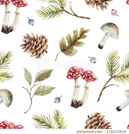 Seamless Forest Botanical Watercolor Pattern with Mushrooms, Leaves and Cones 118225629