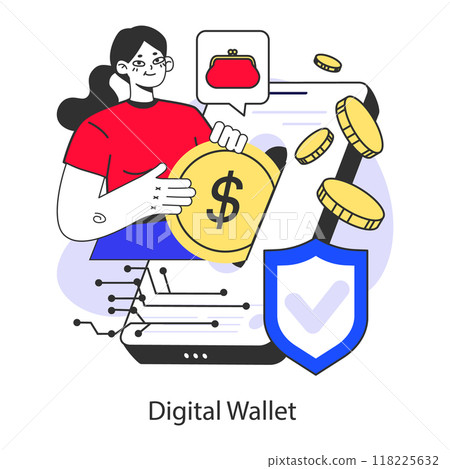 E-commerce. Digital wallet and money. Secure online transaction for purchase payment. Mobile banking application. Flat vector illustration 118225632