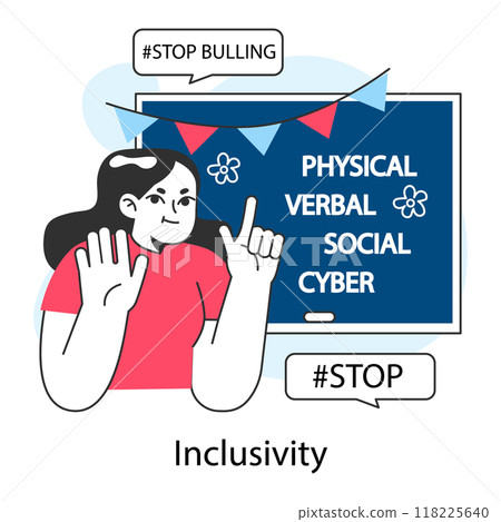 School bullying. Students' mental health awareness in school. Children upbringing and education. School inclusivity, anti-bullying program. Modern approach to teaching. Flat vector illustration 118225640