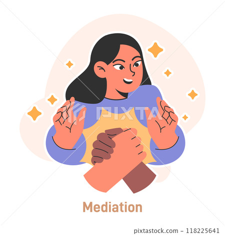 Compromise. Mediator help finding common ground and mutual agreement. Communication, empathy and trust between characters. Establishing a cooperative relationship. Flat vector illustration 118225641