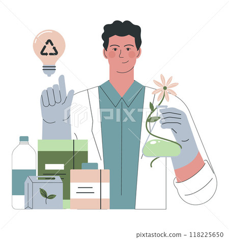 Green marketing. Biodegradable products and packaging development. Scientist inventing recyclable and nature friendly material. Business' responsibility for environment. Flat vector illustration Green marketing. Biodegradable products and packaging development. Scientist inventing recyclable and nature friendly material. Business' responsibility for environment. Flat vector illustration 118225650