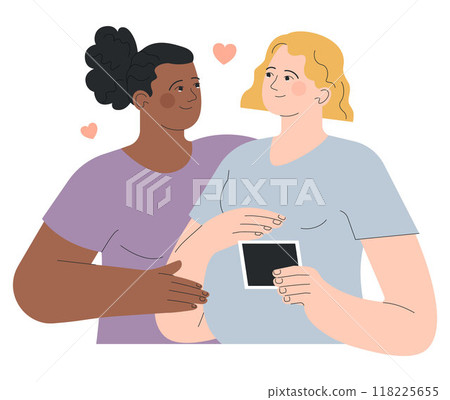 Pregnant woman with her wife. Happy lgbt family is expecting a baby. Happy lesbian couple upcoming motherhood. Flat vector illustration. 118225655