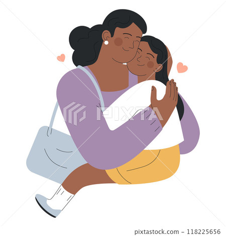 Mother hug her little daughter with love. Single mom and child. Young woman and cute girl. Relationship in family. Flat vector illustration. Mother hug her little daughter with love. Single mom and child. Young woman and cute girl. Relationship in family. Flat vector illustration. 118225656