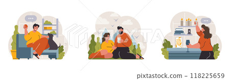 Hygge set. Happy people relaxing at home, family members leisure time. Slow lifestyle approach. Idea of coziness and comfort. Body and mind balance. Flat vector illustration Hygge set. Happy people relaxing at home, family members leisure time. Slow lifestyle approach. Idea of coziness and comfort. Body and mind balance. Flat vector illustration 118225659