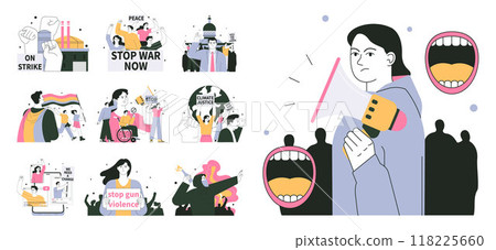 Protest set. People on demonstration. Angry characters holding a megaphone and posters with demands. People protesting, strike, political march, parade or rally. Flat vector illustration 118225660