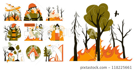 Wildfire set. Burning forest trees, dangerous and harmfull nature disaster. Firefighter in protective clothing and helmet, aircraft and volunteer extinguishing woods fire. Flat vector illustration 118225661