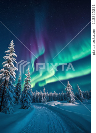 Serene winter landscape with Northern Lights Aurora Borealis flashes in arctic sky over snow covered fir forest with empty country road at dark polar night. Scenic natural background 3D illustration. 118225831